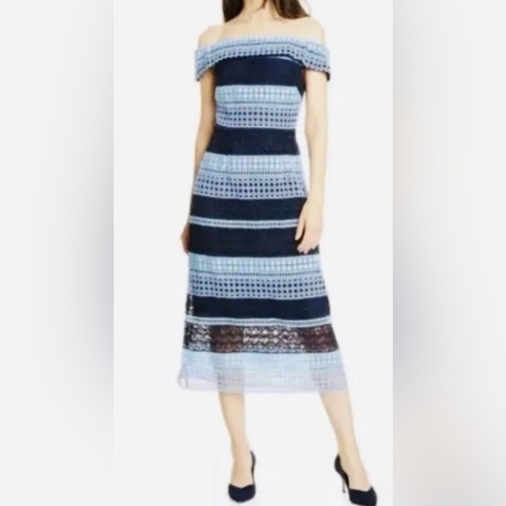 Ted Baker Blue and White Off-Shoulder Dress